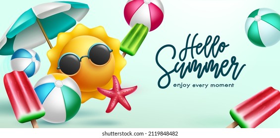 Summer holidays vector background design. Hello summer text in with sun emoji character and tropical season objects for enjoy holiday season vacation. Vector illustration.
