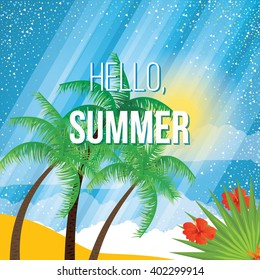 Summer holidays vector background with palm leaves, flowers and sea. Tropical summer beach