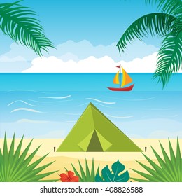 Summer holidays vector background with palm leaves and sea. Summer relaxation poster and flyer