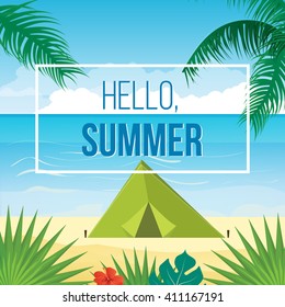 Summer holidays vector background with palm leaves and sea. Summer relaxation poster and flyer