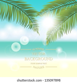 Summer holidays vector background. Sea view with palm leaves on a sunny day