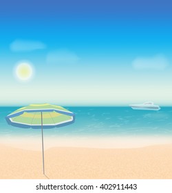 Summer holidays vector background with sea , beach, sun umbrella and yacht