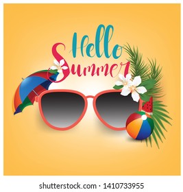 Summer holidays vector banner design with text and colorful beach elements in yellow background vector banner