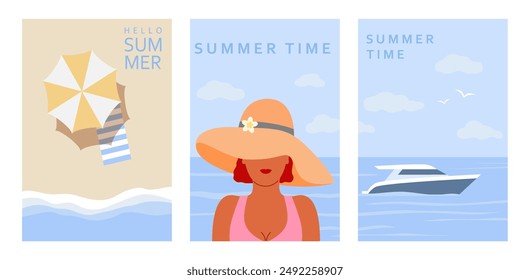 Summer holidays vector banner set. Woman in swimsuit, hat and umbrella on the seashore.