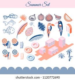 Summer holidays vector clip art objects. Pink and blue beach vacation objects.