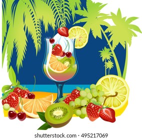 Vector de vacaciones de verano con cóctel. Afiche de la playa de Verano. 