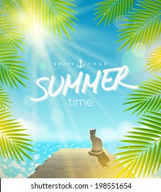 Summer Holidays vector design - Cat on the pier basking under ray of sun