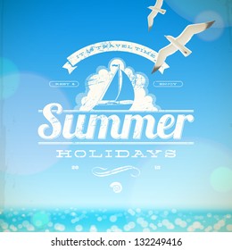 Summer holidays vector emblem and seagulls against a sunny seascape background