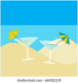 summer holidays vector flat design illustration, two drinks on sandy beach, sea and blue sky