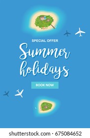 Summer holidays vector hand drawn illustration with tropical islands view from above and airplanes
