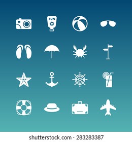 Summer Holidays Vector Icon Set. Flat Design White Icons on Blue Background