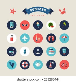 Summer Holidays Vector Icon Set. Flat Design Vector Colorful Illustration