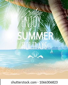 Summer holidays vector illustration. Beach, palm trees beautiful panoramic sea view, with clean water blue sky. Template Vector.