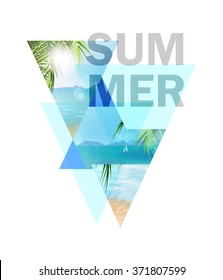 Summer holidays  vector   illustration. Beach, palm trees beautiful panoramic sea view, with clean water & blue sky. Template Vector.