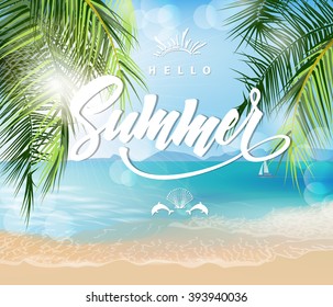 Summer holidays vector illustration. Beach, palm trees beautiful panoramic sea view, with clean water & blue sky. Template Vector.