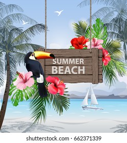 Summer holidays vector illustration. Beach, beautiful sailboat, palm trees, beautiful panoramic sea view, with clean water blue sky. Template Vector.