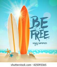 Summer holidays vector illustration with brush calligraphy. Surfboards, starfish and shell on a sunny tropical beach. Design for greeting card, poster or invitation.