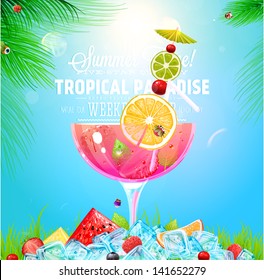 Summer holidays vector illustration with cocktail, palms, sun, sky, sea, fruits and berries. Strawberry, watermelon, cherry, orange, lemon and ice for best summer design.