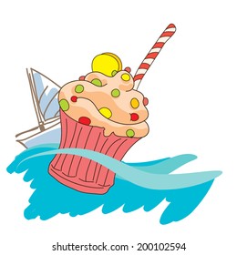 Summer holidays vector illustration with cupcake, sea, yacht. Cartoon, isolated.