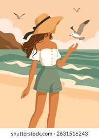 Summer holidays. Vector illustration of a girl in a hat and summer clothes on vacation walking along the beach surrounded by seagulls. Summer mood, freedom, vacation, nature. Use for a tourism project
