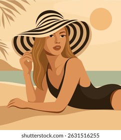 Summer holidays. Vector illustration of a girl in a black swimsuit and a wide striped hat sunbathing on the beach by the sea. Summer mood, femininity, aesthetics, sunset. Use for a tourism project