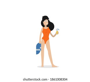 Summer holidays vector illustration with girl,flat design beach