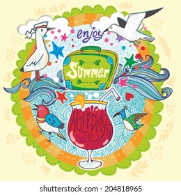 Summer holidays vector illustration greeting card with suitcase, cocktail, sun, watermelon, pineapple, sea, fruits, birds and berries.
