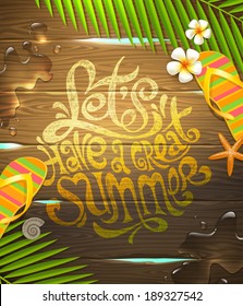 Summer holidays vector illustration - hand drawn lettering design painted on wooden surface
