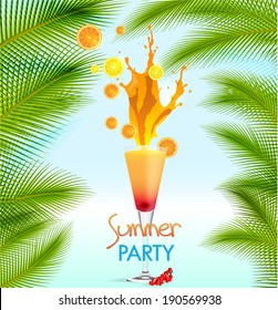 Summer holidays vector illustration with  orange cocktail, palms, sea and sky background