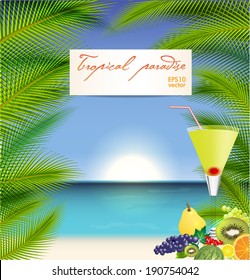 Summer holidays vector illustration with  orange cocktail, palms, sea and sky background