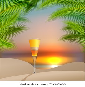 Summer holidays vector illustration with  orange cocktail, palms, sea and sky background