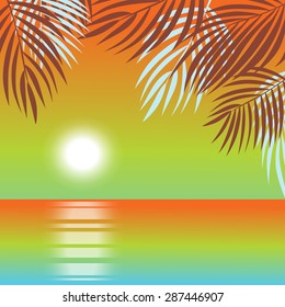 Summer holidays vector illustration with palms, sun, sky and sea. 