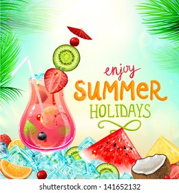 Summer holidays vector illustration set with cocktails, palms, sun, sky, sea, fruits and berries. Coconut, strawberry, watermelon, cherry, orange, lemon, ice and palm leafs for best summer design.