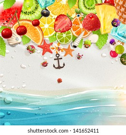 Summer holidays vector illustration set with palms, sun, sea, fruits and berries. Coconut, strawberry, pineapple, watermelon, cherry, orange and lemon, sea and beach sand for best summer design.