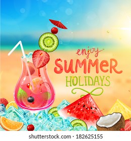 Summer holidays vector illustration set with cocktails, palms, sun, sky, sea, fruits and berries. 