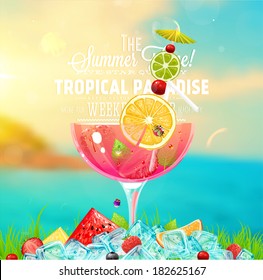 Summer holidays vector illustration set with cocktails, palms, sun, sky, sea, fruits and berries.