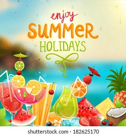 Summer holidays vector illustration set with cocktails, palms, sun, sky, sea, fruits and berries.