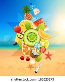 Summer holidays vector illustration set with cocktails, palms, sun, sky, sea, fruits and berries.