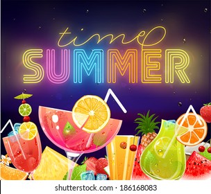 Férias de Verão Conjunto de Ilustração Vector com Cocktails, Céu, Mar, Frutas e Bagas. Sinal de Neon Horário de Verão. Verão Night Beach Party Banner Design Template.