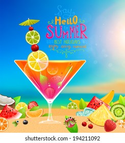 Summer holidays vector illustration set with cocktail, sun, sky, sea, fruits and berries.