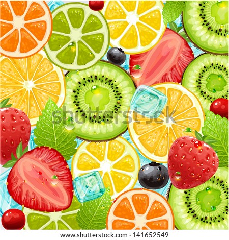 Summer holidays vector illustration set with cocktail fruits and berries. Strawberry, cherry, orange, lemon and ice cube for best summer design.
