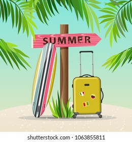 Summer holidays vector illustration with surfboard, signboard and suitcase on the beach. Travel, vacation and extreme, activity.