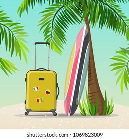 Summer holidays vector illustration with surfboard, palm and suitcase on the beach. Travel, vacation and extreme, activity.