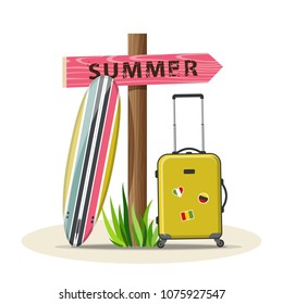 Summer holidays vector illustration with surfboard, signboard and suitcase. Travel, vacation and extreme, activity. Isolated on white background