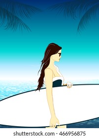 Summer holidays vector illustration. Surfer girl with surfboard on a palm beach. Summer poster, beach party invitation. Place for text. EPS 10