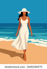 Summer holidays. Vector illustration woman on vacation in white beach tunic dress in swimsuit, hat walks along the beach. Sea, sky, tan, sandy shore, girl