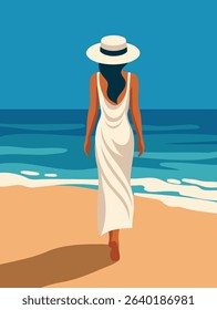 Summer holidays. Vector illustration woman in hat, on vacation in white beach tunic dress walks along the beach. Woman back view. Sea, sky, tan, sandy shore, girl