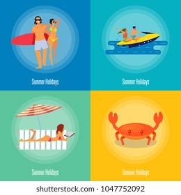 Summer holidays vector illustration. Young happy couple walking on beach. Couple on jet ski. Sexy girl sunbathes on beach under the sun. Sea crab on beach. Concept of holiday at sea. Summer time
