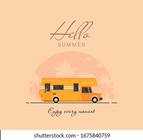 Summer holidays vector illustration,flat design beach with car and surf