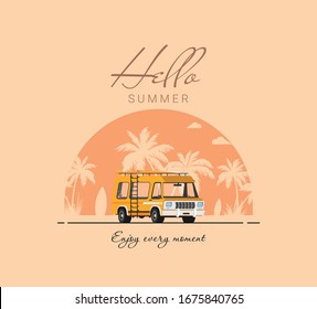 Sommerferien Vektorillustration Illustration, flacher Designstrand mit Auto und Surfen